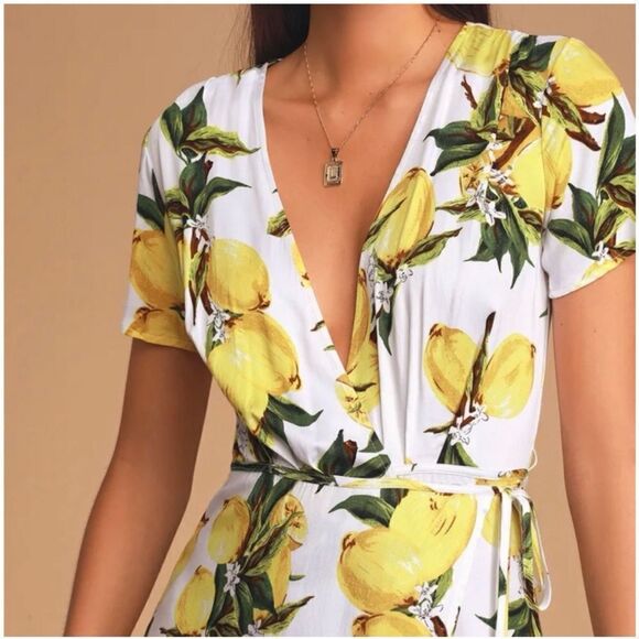 Lulu's Lemon Print Wrap Mini Dress - Picture 7 of 16